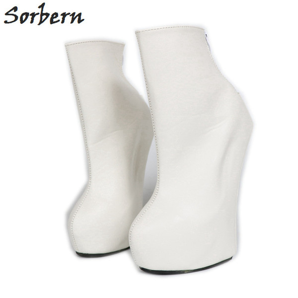 Sorbern White Matt Ankle Boots Hoof Heelless Women Fashion Shoes Plataforma Wedge Heels Club High Heels Sexy Fetish Heels