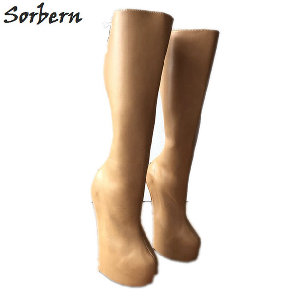 Sorbern Lockable Camel Matte Back Open Zip Heavy Hoof Sole Heelless Locking Knee Hi Fetish Boots High Heels Custom Wide Fit Heel