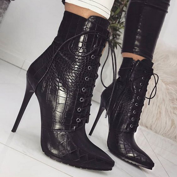 Women's ankle boots spring and autumn high heels shoes made of artificial leather pattern pointed toe lace shoes. XZ-109