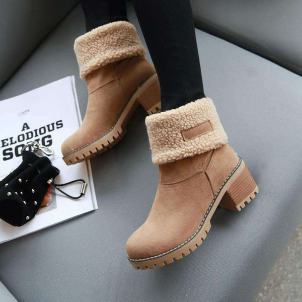 2019 Brand Women Boots Female Winter Shoes Woman Fur Warm Snow Boots Square heels bota feminina Ankle Boots botas mujer B675s