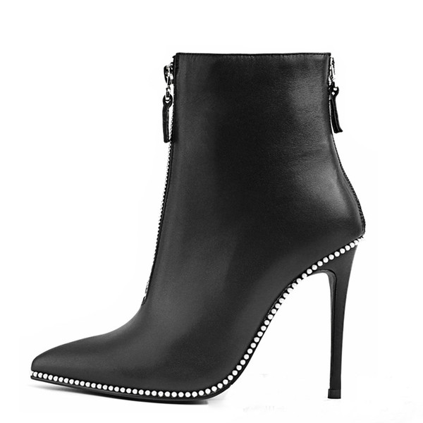 Hot Sale Personality Zipper High Heels Eur American Ankle Boots Women Black Cowskin Potintd Toe Stiletto Heels Fashion Dress Shoes 10CM