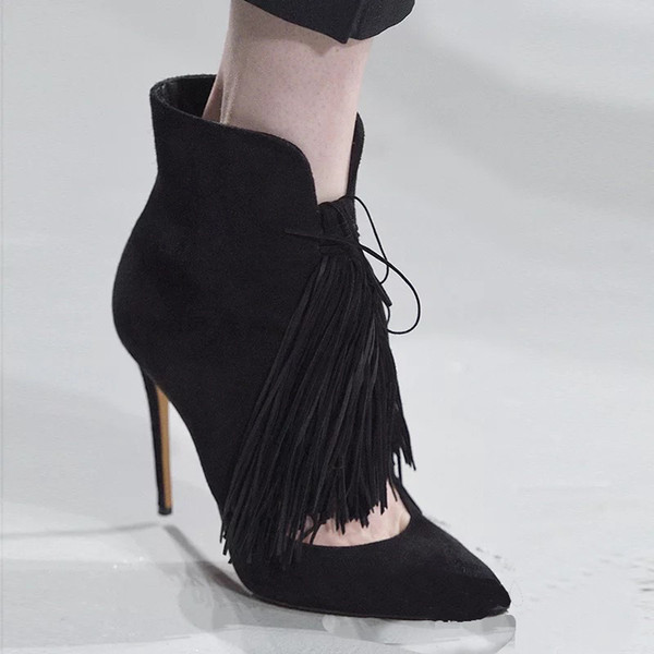 Fashion Tassels Boots Short Black Sexy Pointed Toe Thin Heels High Quality 10.5CM Queen's Shoes Women Private Shoes Banquet Shoes