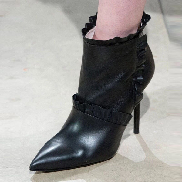 Black Lotus Leaf Thin Heels Dress Shoes Boots Fashion Banquet Shoes Women Black Rivets Boots High Heel Platform 8.5CM 10CM