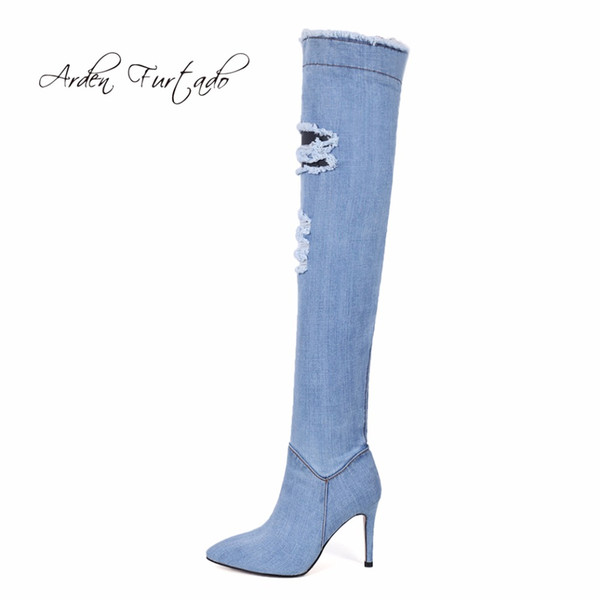 Arden Furtado 2018 new blue denim boots over the knee thigh high boots shoes for women high heels woman shoes tassel jeans boot