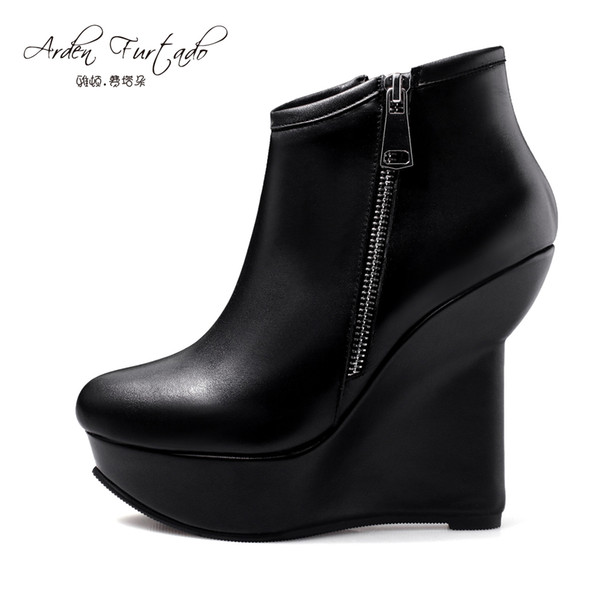 2017 spring autumn Genuine leather winter boots wedges platform Shoes woman Black basic Round Toe zipper ankle  boots high heels 16cm