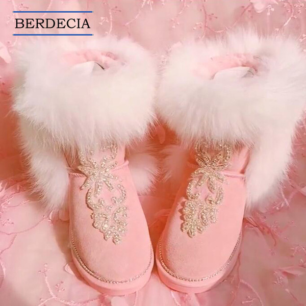 HOT SALE Fox Fur Fashion Luxury Designer Women Boots Crystal Rhinestone Australia Classic Low Snow Boots Real Leather Women's Shoes 42