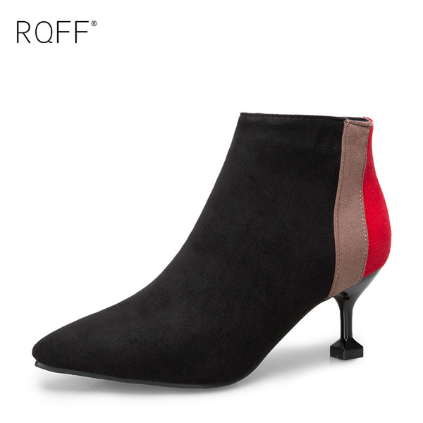 RQFF Winter Pointed Toes Women's Ankle Boots Thin High Heels Mixed Colors Patchwork Zipper Plus Size Ladies Shoes Woman