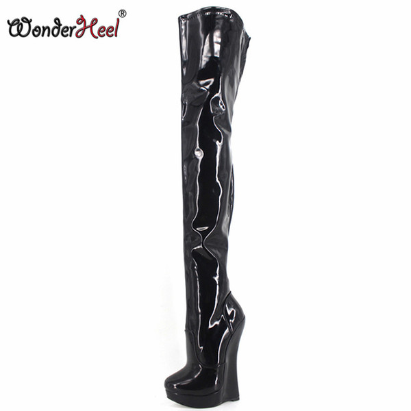 Wonderheel New extreme high heel 18cm wedges thigh high boot sexy high heels crotch boots patent leather fashion show boots