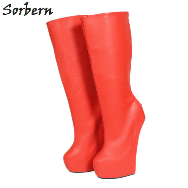 Sorbern Hot Red Wide Fit Calf Boots Women Fashion Shoes Big Size 45 Goth Stilettos Crossdressing Cosplay Heeled Boots Hoof Heelless