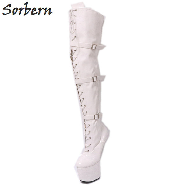 Sorbern White Thigh High Boots Fetish Tiptoe Heels Platform Booties Unisex Eu 45 Custom Leg Size Crossdresser Heelless Women New