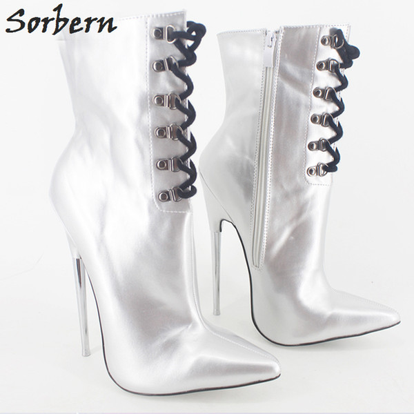 Sorbern Ankle Boots For Women Plus Size Boots Metal Heels Lace Up Large Size 36-46 Boots Women Pointed Toe 18CM Patent Leather