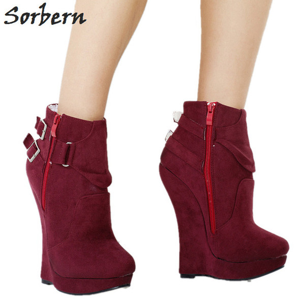 Sorbern Wine Red Ankle Boots Wedge High Heels Platform Shoes Women Plus Size Comfortable Heels Punk Boots Black Platform Boots