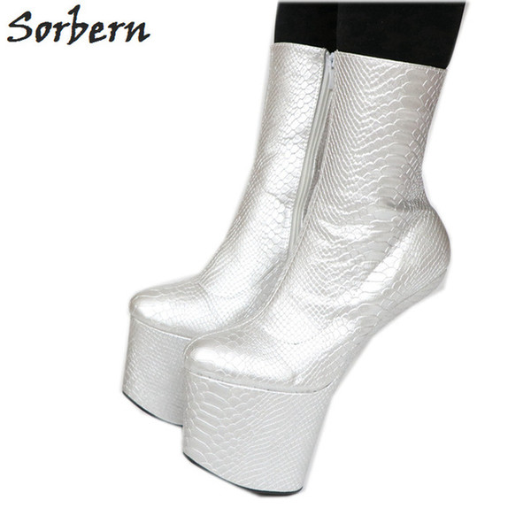 Sorbern Silver Snakeskin Light Hoof Boots Women Custom Wide Mid Calf Ladies Boot Display Art Performance Shoes For Crossdressing