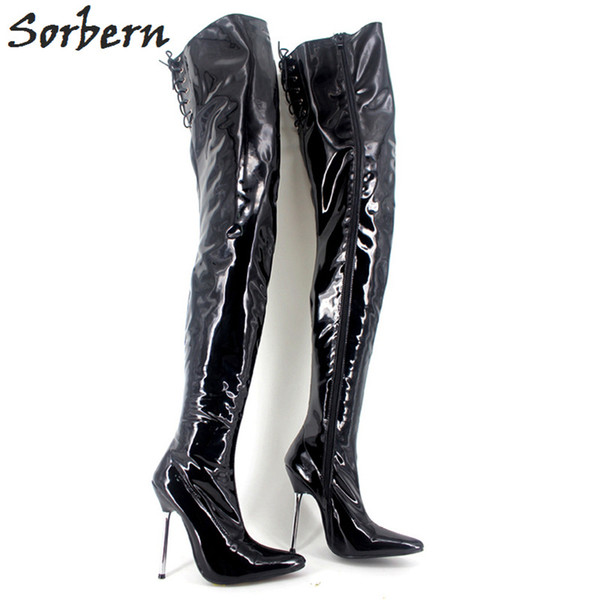 Sorbern Custom Sexy 12cm Metal Heels Thigh High Boots Pointed Toe Pole Dance Boots Unisex High Heels New Stilettos 34-46