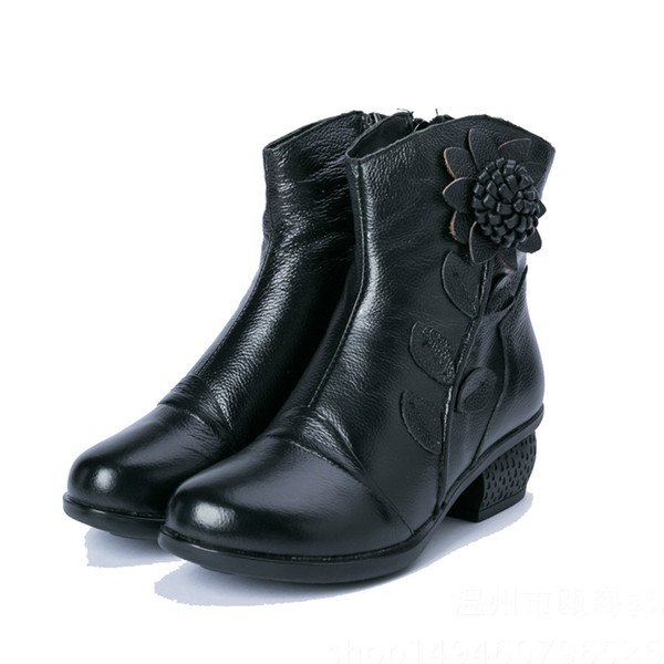 Winter boots female boots hand folk wind rough with boots genuine leather mother cotton shoes retro flowers women cotton boots. PX-002