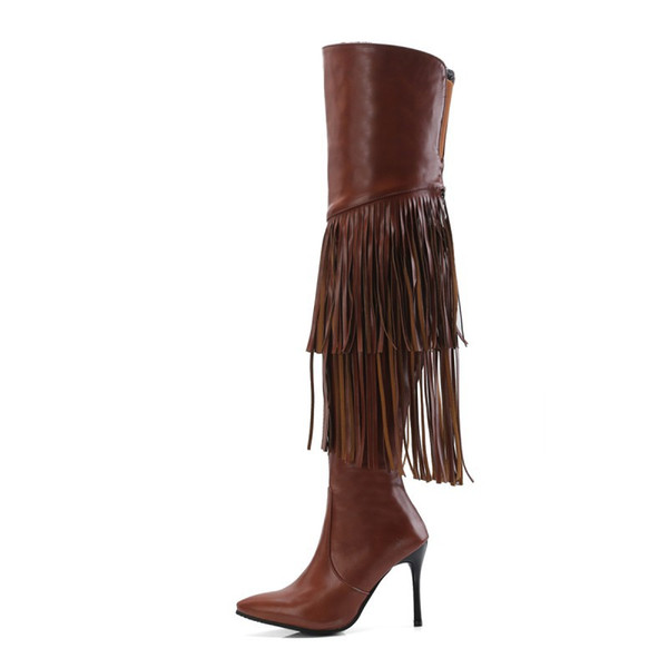 Women fringed boots, 2 layers tassels to high heels Moccasins with Thigh-High Boots heels For women boots plus size 35 ~ 43 . XZ-093