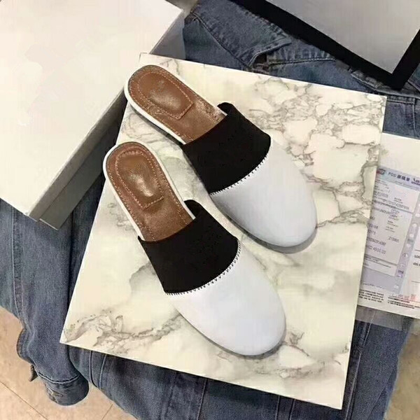 New Brand Luxury Women Genuine Leather Lambskin Designer Flats Mules Slides Woman slippers with Letter black white golden slipper mule 35-40