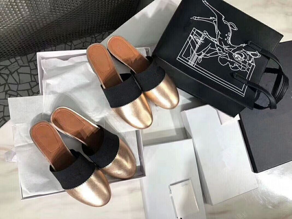 2018 Luxury Designer Women Leather Lambskin Flats Mules Slides Woman slippers with Letter black white golden slip on slipper mule 35-40