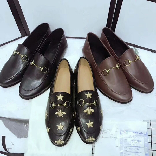 Designer Women Leather Flats Mules embroidered bee leather Horsebit loafer girl flat with buckle Size 35-41 With box Many colors in stock