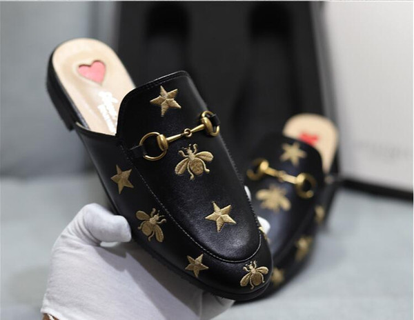 Designer Women Genuine Leather slipper loafers Muller shoes with Golden buckle women Princetown slippers Bees Pattern Ladies Flats With Box