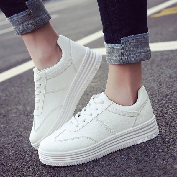 new spring thick bottom white shoes for woman casual flat shoes leather Korean solid platform shoes