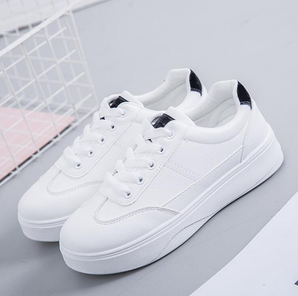 2019 Four Seasons Shoes Thick sole Flat shoes Sports running and leisure women shoes Ventilation White Leather Lace-Up Non-slip soft sole E1