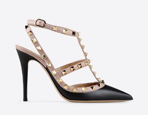 Designer Pointed Toe 2-Strap with Studs high heels Patent Leather rivets Sandals Women Studded Strappy Dress Shoes valentine high heel Shoes