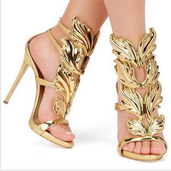 Design Wings Women Sandals Silver Nude Pink Gold Leaf Strappy High Heels Gladiator Sandals Women Pumps Shoes Ankle Strap Dress Shoes