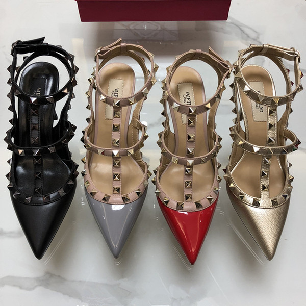 Casual Designer Sexy lady fashion Brand Women Fashion studded spikes point toe strappy high heels bride wedding shoes ty shoes