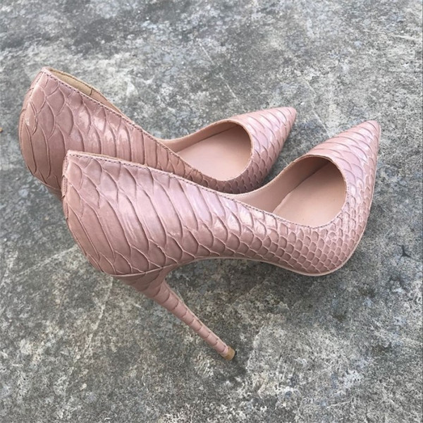 Europe and America new fashion naked color snake high heel shoes 12cm sharp pointed shoes, black snake pattern 43 yards 44 yards.