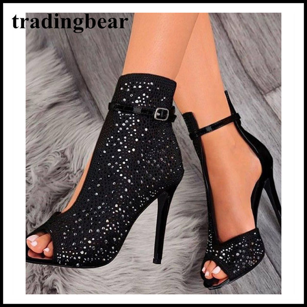 11cm black rhinestone peep toe ankle bootie fashion luxury designer women shoes ladies high heels pumps size 35 to 40