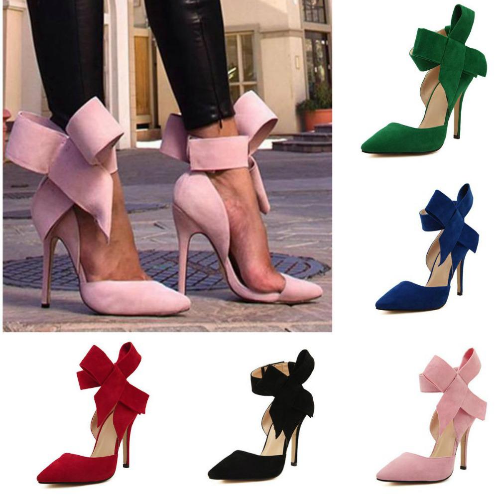 Wholesale-Plus Size Shoe Women Big Bow Tie Pumps 2015 Butterfly Pointed Stiletto Women Shoe High Heels Suede Wedding Shoe Zapatos De Mujer