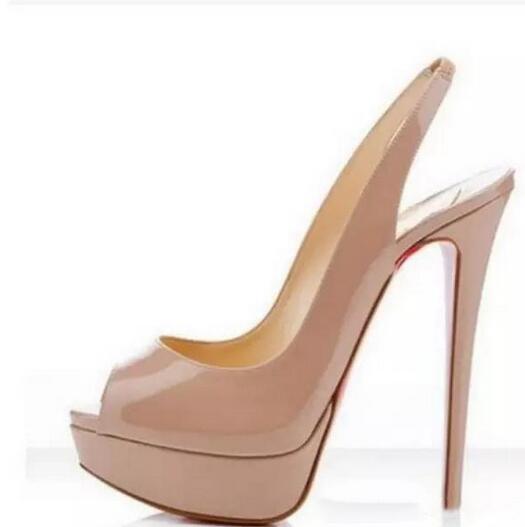 Nude Color Fish Mouth 14cm Red Bottom High Heels ,Women Luxury Brand Black Patent Leather Platform Peep-toes Sandals ,Shiny Leather Shoes