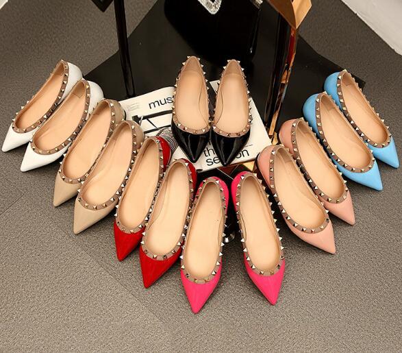 sale! 34/40 genuine leather v stud ballerina flats blue black nude red yellow rose pink luxury designer runway classic fashion women