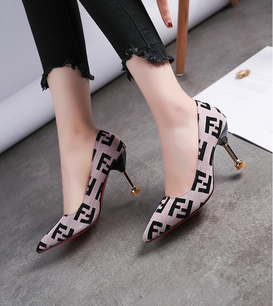 2019 Spring Summer Womens Letter Print High Heels Shoes Pointed Toe Ladies Dress Shoes Women's Pumps Office Shoes