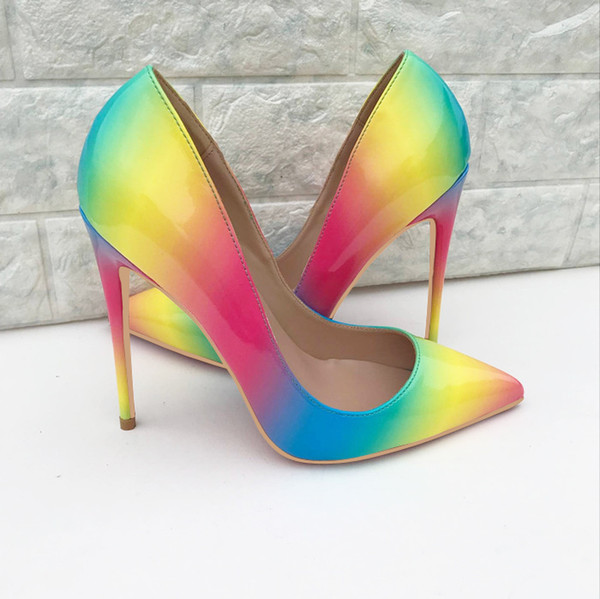 Rainbow high heelsColorful Rainbow Printed Pointed Toe Stiletto High Heels Woman Lady Female 12cm 10cm 8cm High Heel Shoes Pump