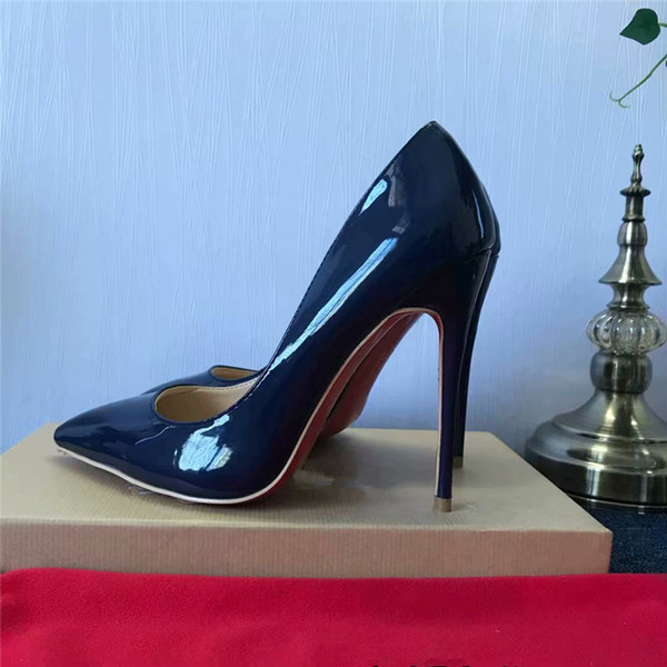 2019 Luxury Brand RED BOTTOM High Heels Bright black patent leather With Shallow Mouth Women's Dress Shoes Fashion Spikes Pumps 8/10/12CM