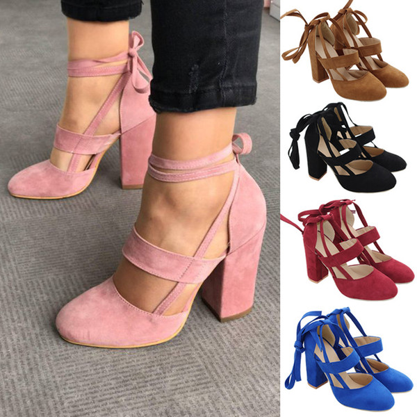 Women Plus Size Ankle Strap High Heels Flock Gladiator Shoes Lace Up Thick Heel Fashion Hollow Female Party Wedding Pumps