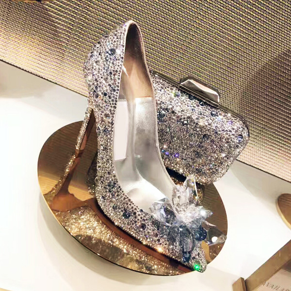 Women Celebrity Top Grade Cinderella Crystal High Heels Bridal Rhinestone Wedding Shoes Sexy Pointed Toe Crystal Flower Pumps