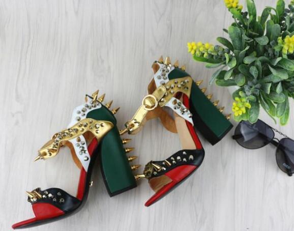 color of the metal buckle rivet thick with high-heeled shoes fashion sexy toe sandals summer sandals rivet chunky heels