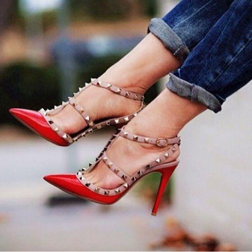 Patent Leather Women Stud Sandals Point Toe Two Ankle Buckles Ladies Sexy High Heels Neon Color Dress Shoes