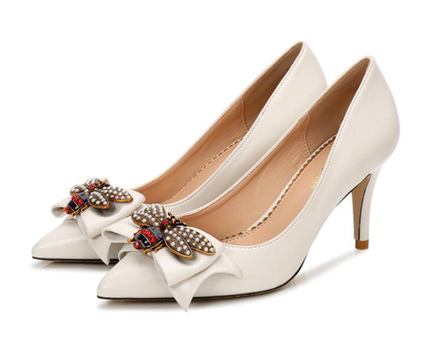 luxury Designer Trendy Women Pumps ribbon bowtie Big bees High-heeled Shoes bride Sexy Pointed wedding Shoes cx22