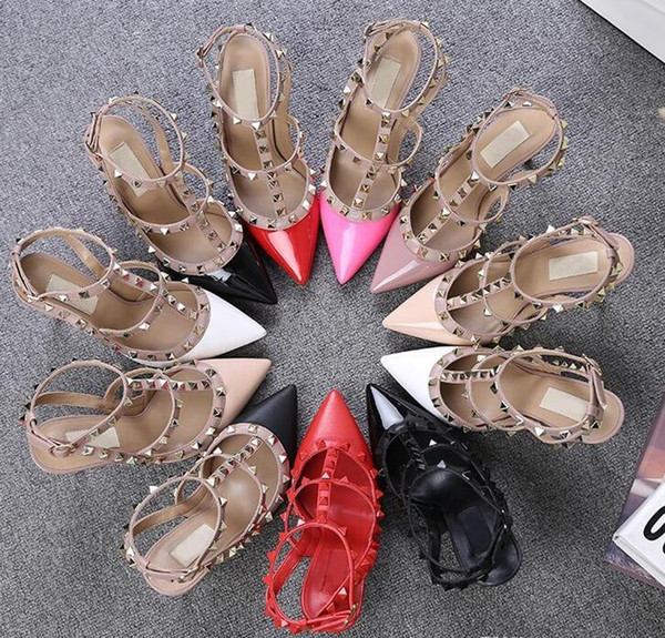 New Mixed-colors Rivets Studded Women Sandals High Heels Narrow Band Patch Ankle Strapy Buckle pointed Toe Party Shoes Woman