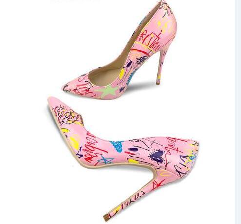 Pink graffiti Patent letter Pumps 10cm Dress Wedding Shoes brand Unique Designer Pointed toe Slip on Saint T Show Ladies Pumps Size 42