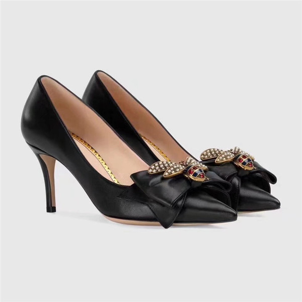 Brand Designer Ladies High Heel Shoes Pointed Toe Bowtie Metal Bee Luxury Shoes Genuine Leather Fashion Pumps New Spring Footwear Shoes