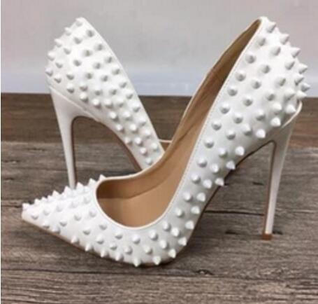 Fashion Luxury Brand Red Bottom High Heels White Rivets Patent Leather High-heeled Women Shallow Mouth High Heel Pumps 12 10 8cm size 34-45