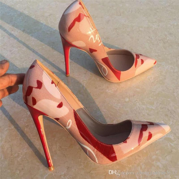 overseasLady Woman Graffiti Printed Leather Stiletto Heels Poined Toes Wedding HEELED Shoes