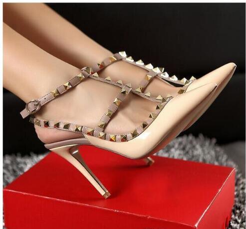 women high heels sandals wedding shoes Patent Leather rivets Sandals Women Studded Strappy Dress Shoes v high heel Shoes +logo +box