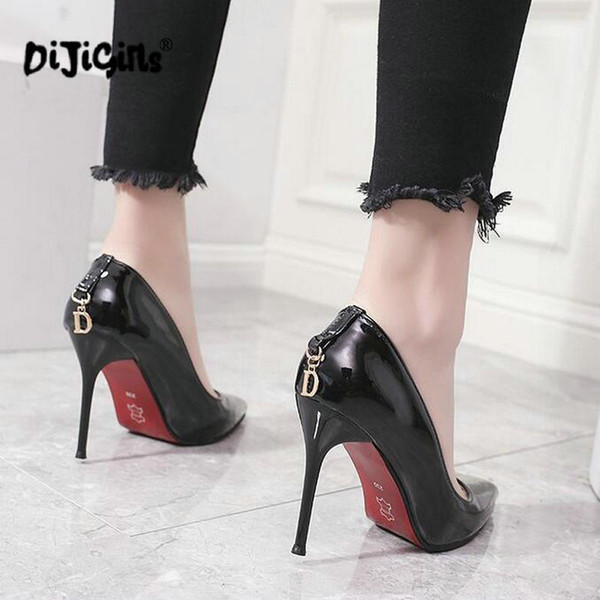 Women High-heeled Patent Leather Shallow Mouth Pointed Metal D Word Buckle Wedding Thin High Heel Shoes Pumps Drop Shipping