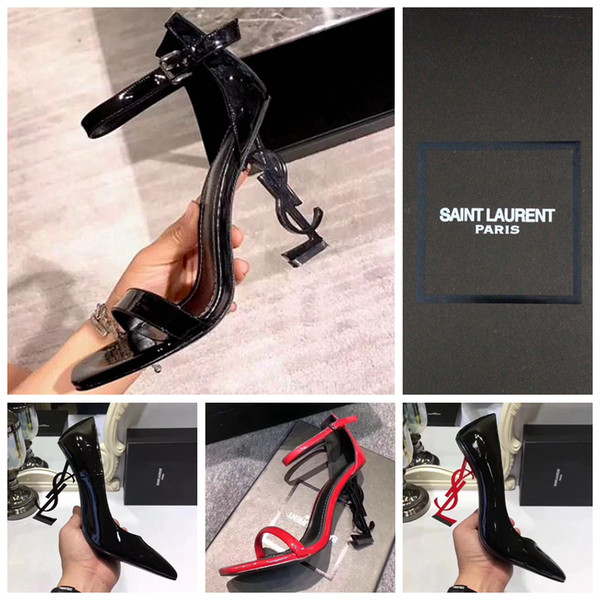 Patent Leather Thrill Heel Unique Pointed toe Luxury Brand Dress Wedding Shoes Sexy Brand shoes Letters heel Sandals by Free DHL